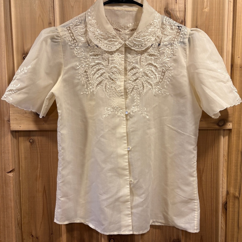 Vintage Cream Embellished Blouse with Peter Pan Collar